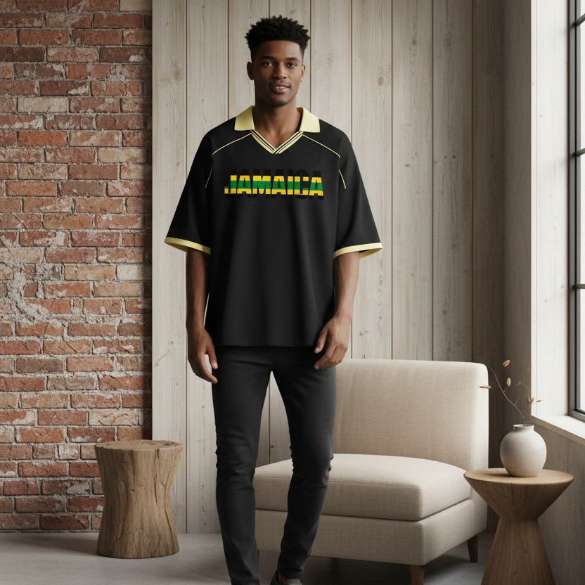 Jamaica Flag ThemedUnisex Collared Piping Boxy Soccer Jersey