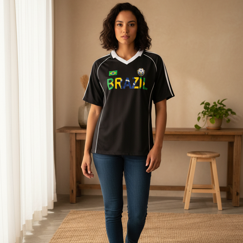Brazil Flag Themed Graphic Shadow Stripe Collared Soccer Unisex Jersey