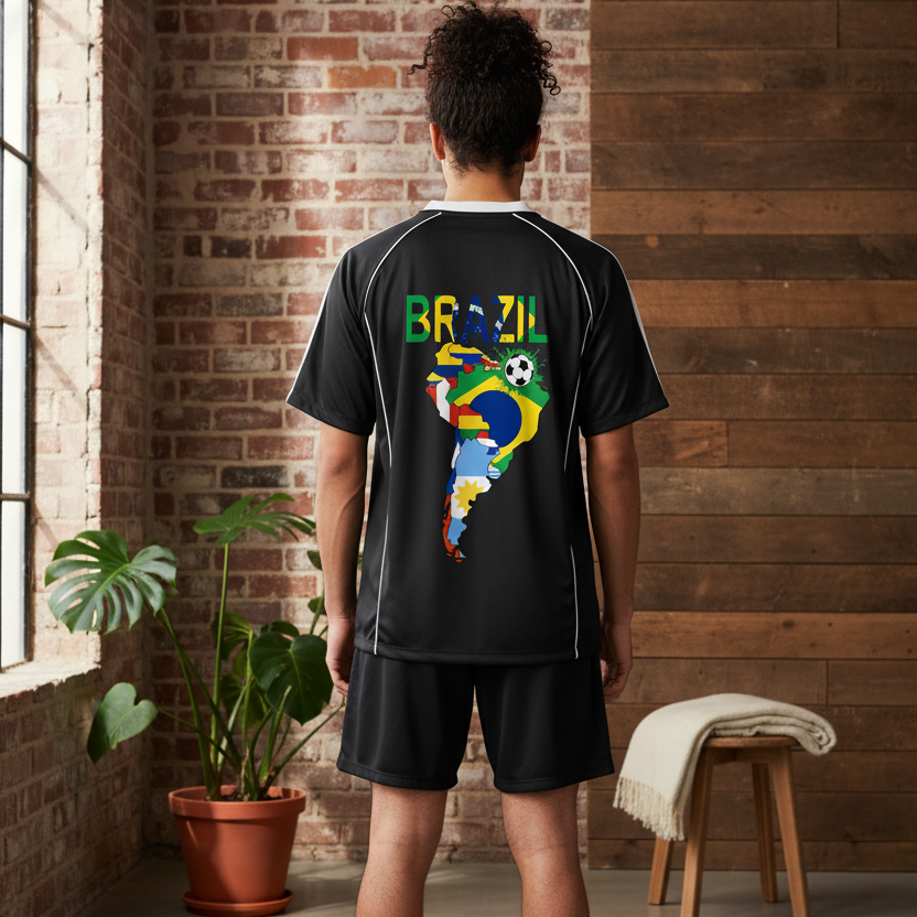 Brazil Flag Themed Graphic Shadow Stripe Collared Soccer Unisex Jersey