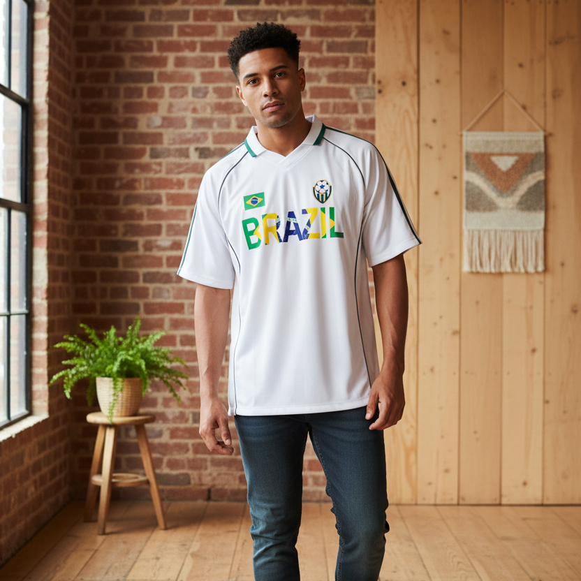 Brazil Flag Themed Graphic Shadow Stripe Collared Soccer Unisex Jersey