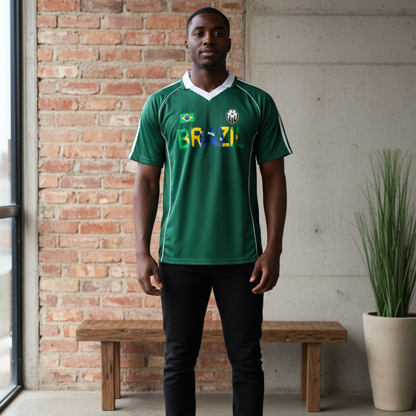 Brazil Flag Themed Graphic Shadow Stripe Collared Soccer Unisex Jersey