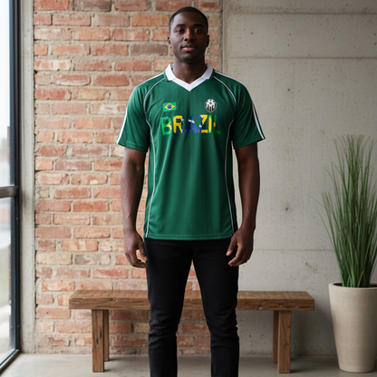Brazil Flag Themed Graphic Shadow Stripe Collared Soccer Unisex Jersey