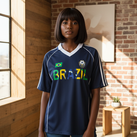 Brazil Flag Themed Graphic Shadow Stripe Collared Soccer Unisex Jersey