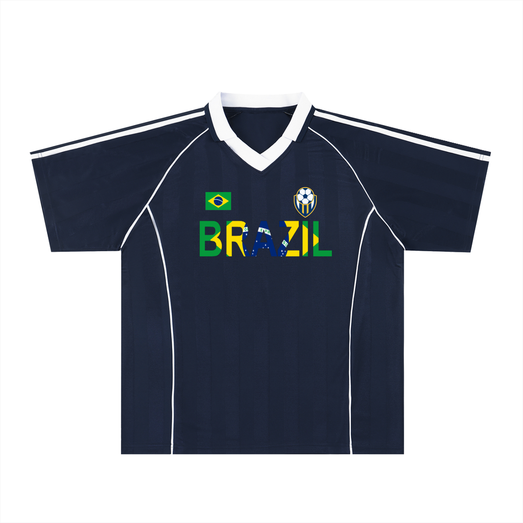 Brazil Flag Themed Graphic Shadow Stripe Collared Soccer Unisex Jersey