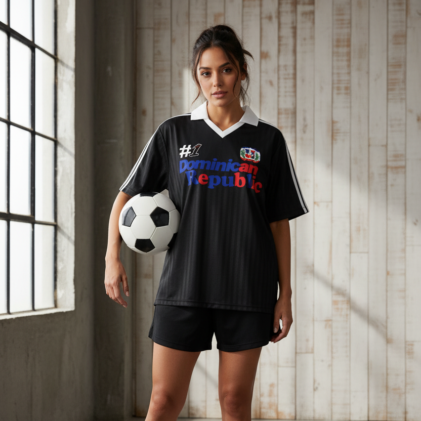 Dominican Republic Flag Themed Contrast Collar Striped Soccer Jersey