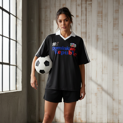 Dominican Republic Flag Themed Contrast Collar Striped Soccer Jersey