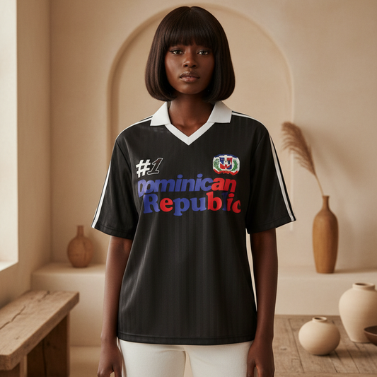 Dominican Republic Flag Themed Contrast Collar Striped Soccer Jersey