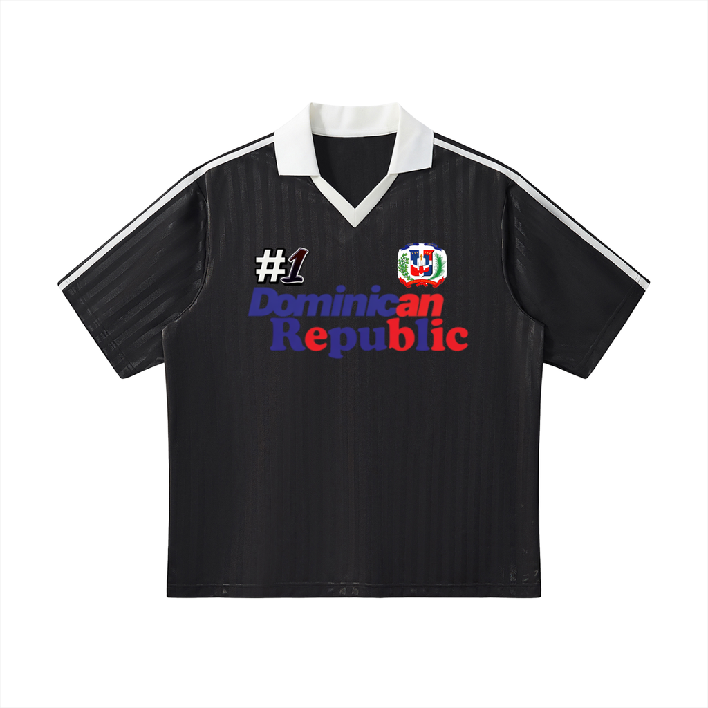 Dominican Republic Flag Themed Contrast Collar Striped Soccer Jersey