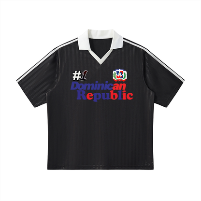 Dominican Republic Flag Themed Contrast Collar Striped Soccer Jersey