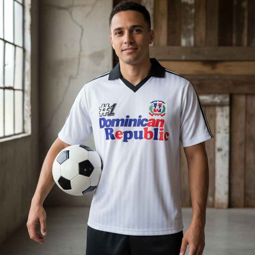 Dominican Republic Flag Themed Contrast Collar Striped Soccer Jersey
