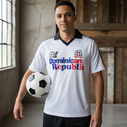 Dominican Republic Flag Themed Contrast Collar Striped Soccer Jersey