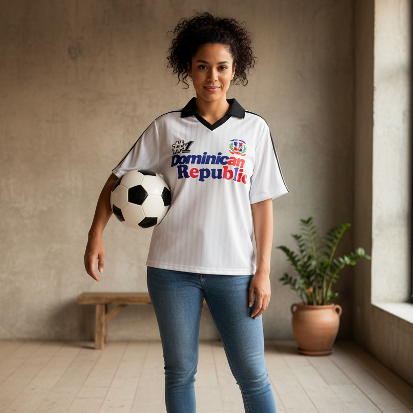 Dominican Republic Flag Themed Contrast Collar Striped Soccer Jersey