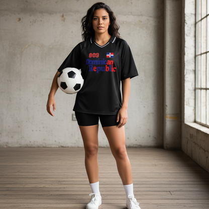 Dominican Republic Flag Themed Graphic Striped V-Neck Soccer Unisex Jersey