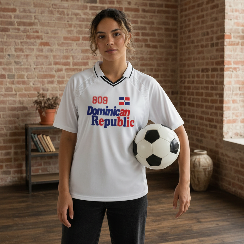Dominican Republic Flag Themed Graphic Striped V-Neck Soccer Unisex Jersey
