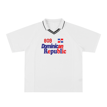 Dominican Republic Flag Themed Graphic Striped V-Neck Soccer Unisex Jersey