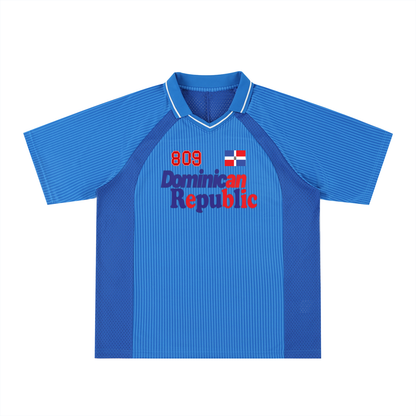 Dominican Republic Flag Themed Graphic Striped V-Neck Soccer Unisex Jersey
