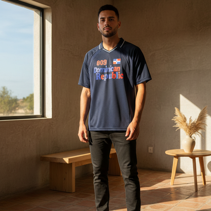 Dominican Republic Flag Themed Graphic Striped V-Neck Soccer Unisex Jersey