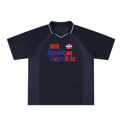 Dominican Republic Flag Themed Graphic Striped V-Neck Soccer Unisex Jersey