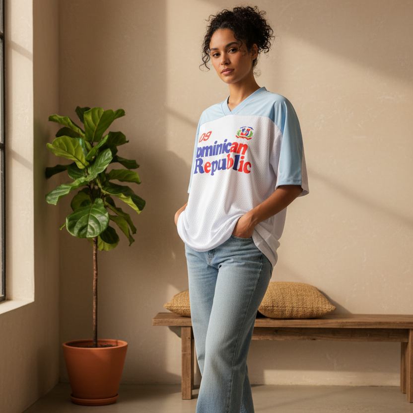 Dominican Republic Oversized Mesh V-Neck Soccer Jersey