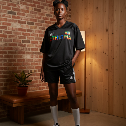 Ethiopia Flag Themed Graphic Mesh V-Neck Soccer Jersey
