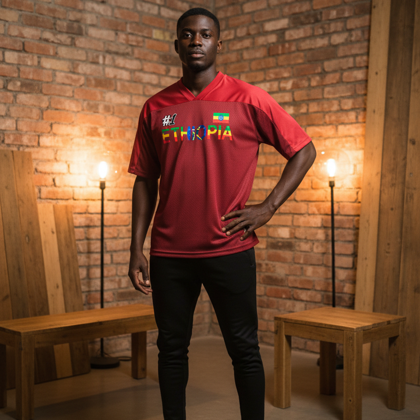 Ethiopia Flag Themed Graphic Mesh V-Neck Soccer Jersey