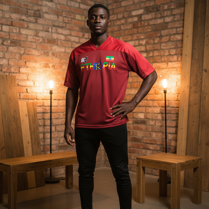 Ethiopia Flag Themed Graphic Mesh V-Neck Soccer Jersey