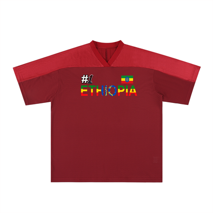 Ethiopia Flag Themed Graphic Mesh V-Neck Soccer Jersey