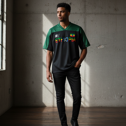 Ethiopia Flag Themed Graphic Mesh V-Neck Soccer Jersey