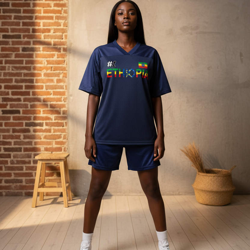 Ethiopia Flag Themed Graphic Mesh V-Neck Soccer Jersey
