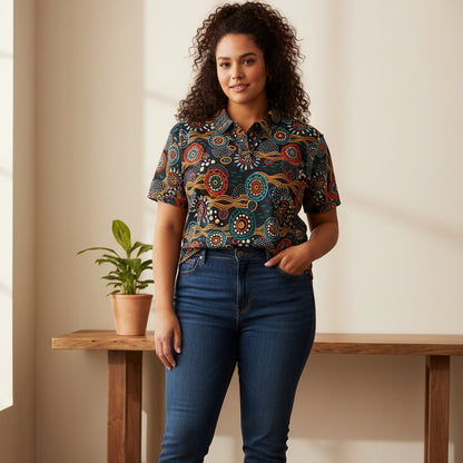 Unisex Tribal Print Polo Shirt — Colorful Aboriginal-Inspired Design