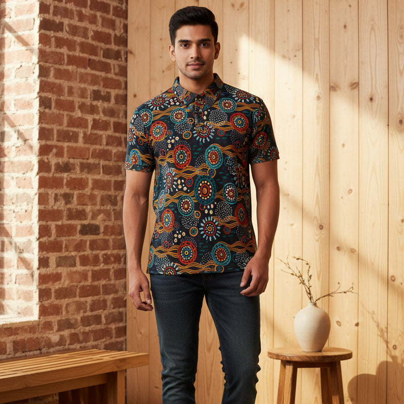 Unisex Tribal Print Polo Shirt — Colorful Aboriginal-Inspired Design