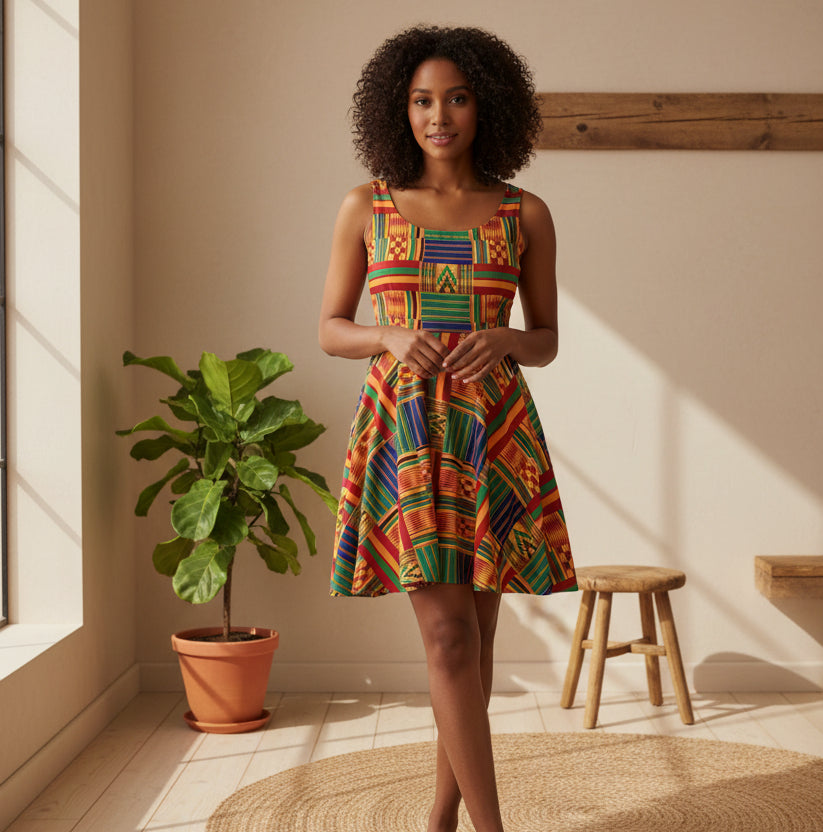 Kente Print Skater Dress – Vibrant African-Inspired AOP Sundress