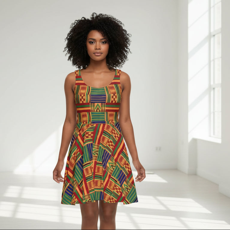 Kente Print Skater Dress – Vibrant African-Inspired AOP Sundress
