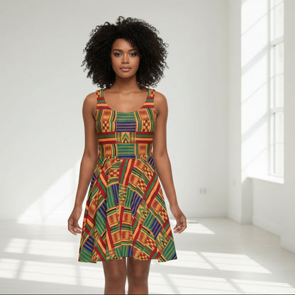 Kente Print Skater Dress – Vibrant African-Inspired AOP Sundress