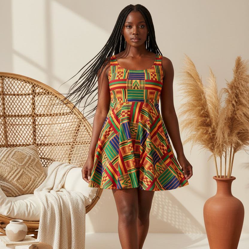 Kente Print Skater Dress – Vibrant African-Inspired AOP Sundress