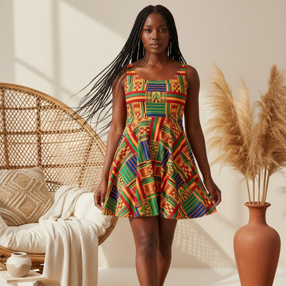 Kente Print Skater Dress – Vibrant African-Inspired AOP Sundress