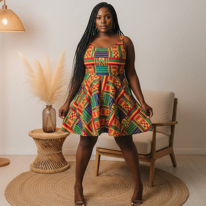 Kente Print Skater Dress – Vibrant African-Inspired AOP Sundress