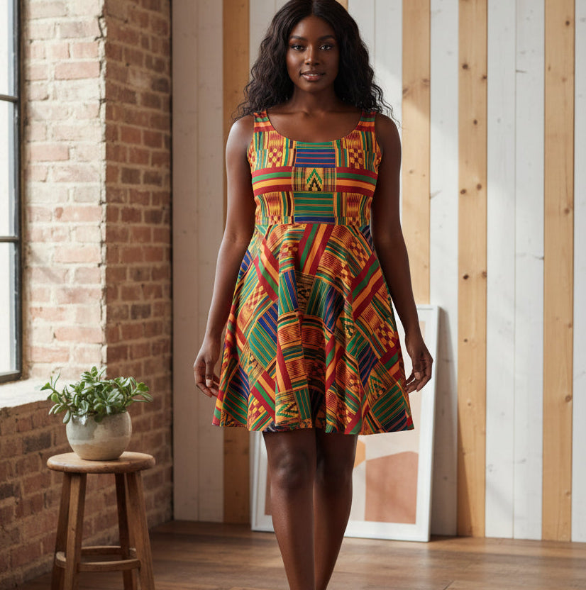 Kente Print Skater Dress – Vibrant African-Inspired AOP Sundress