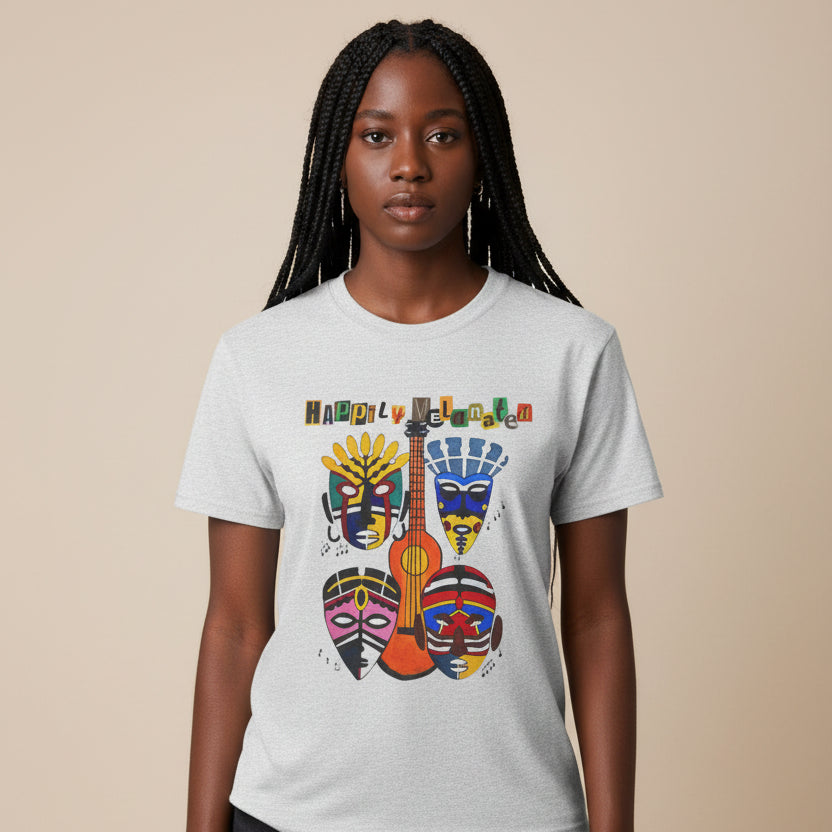 Guitar Art Tribal Masks Unisex Tee, Music Lover Graphic Shirt, Unique Handcrafted Tee