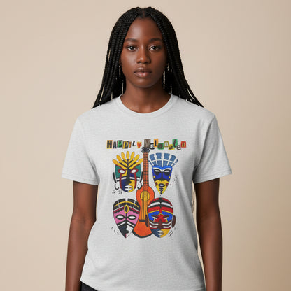 Guitar Art Tribal Masks Unisex Tee, Music Lover Graphic Shirt, Unique Handcrafted Tee
