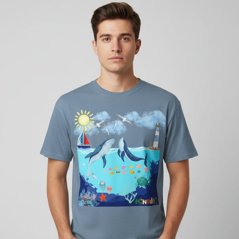 Nautical Ocean Life Whales Graphic Unisex T-Shirt, Nature Art Tee, Beachwear Shirt