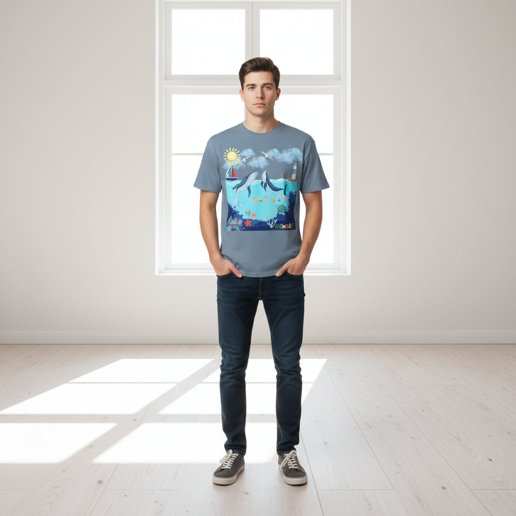Nautical Ocean Life Whales Graphic Unisex T-Shirt, Nature Art Tee, Beachwear Shirt Printify