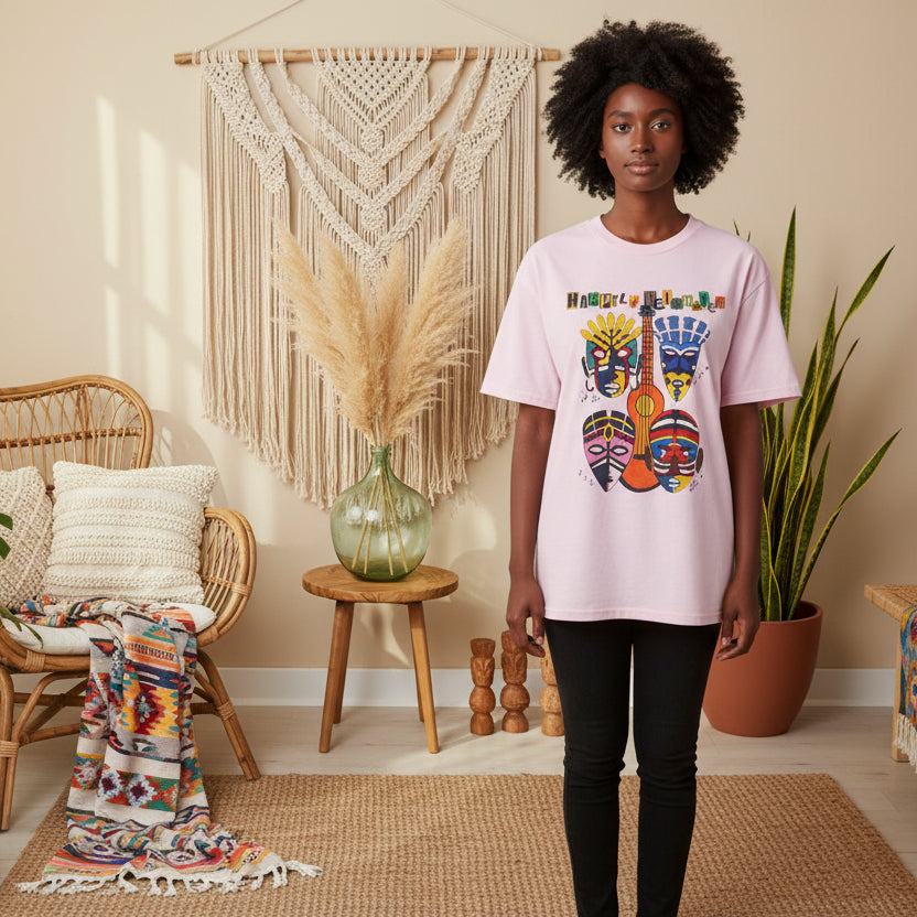 Guitar Art Tribal Masks Unisex Tee, Music Lover Graphic Shirt, Unique Handcrafted Tee