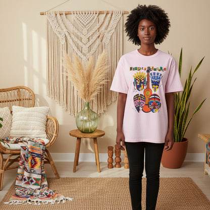 Guitar Art Tribal Masks Unisex Tee, Music Lover Graphic Shirt, Unique Handcrafted Tee