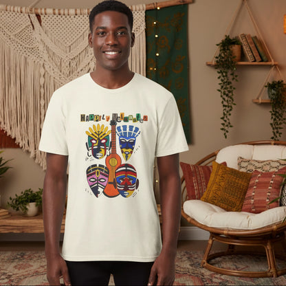Guitar Art Tribal Masks Unisex Tee, Music Lover Graphic Shirt, Unique Handcrafted Tee