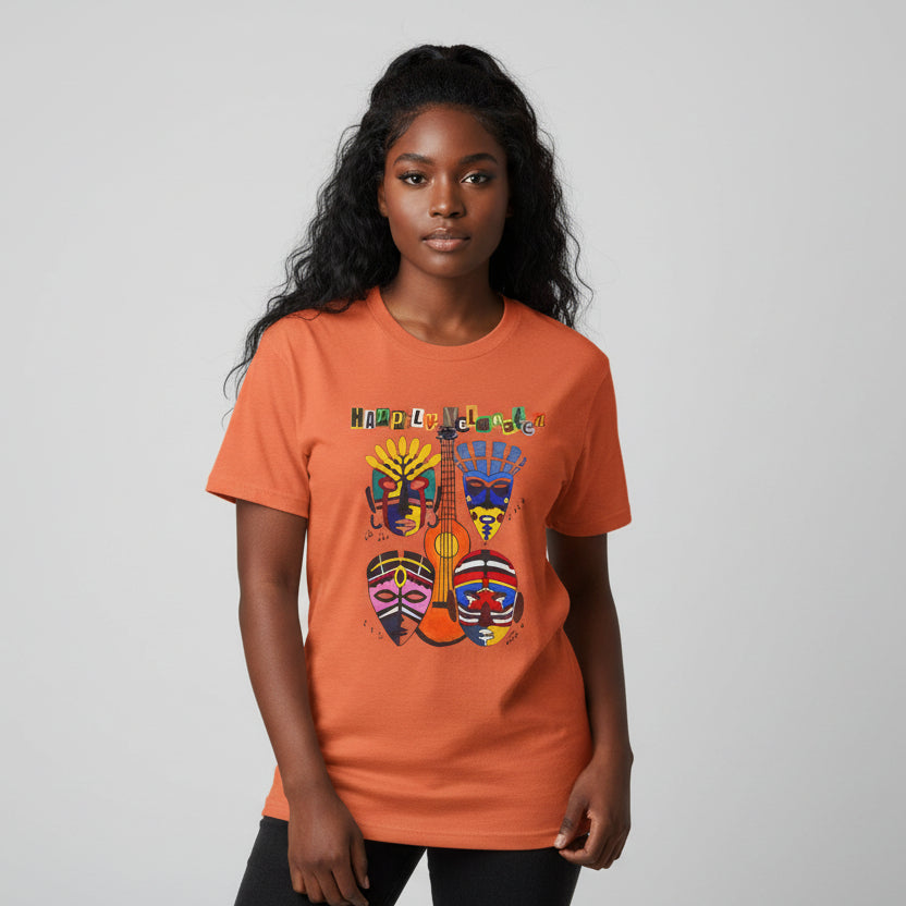 Guitar Art Tribal Masks Unisex Tee, Music Lover Graphic Shirt, Unique Handcrafted Tee