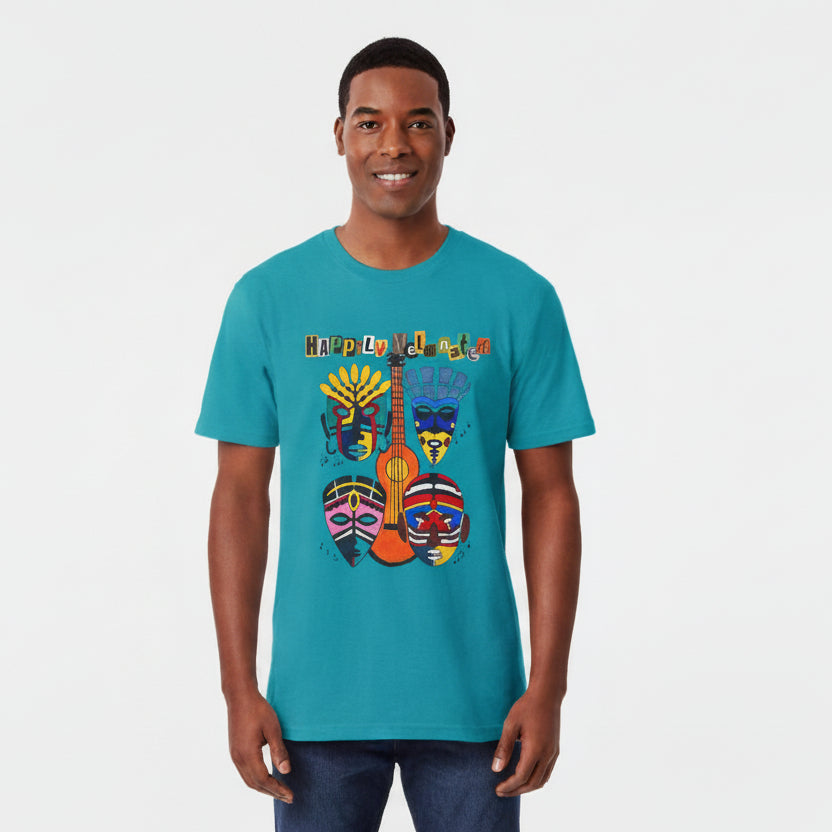 Guitar Art Tribal Masks Unisex Tee, Music Lover Graphic Shirt, Unique Handcrafted Tee
