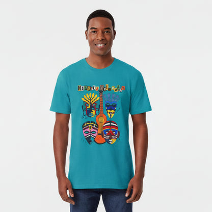 Guitar Art Tribal Masks Unisex Tee, Music Lover Graphic Shirt, Unique Handcrafted Tee