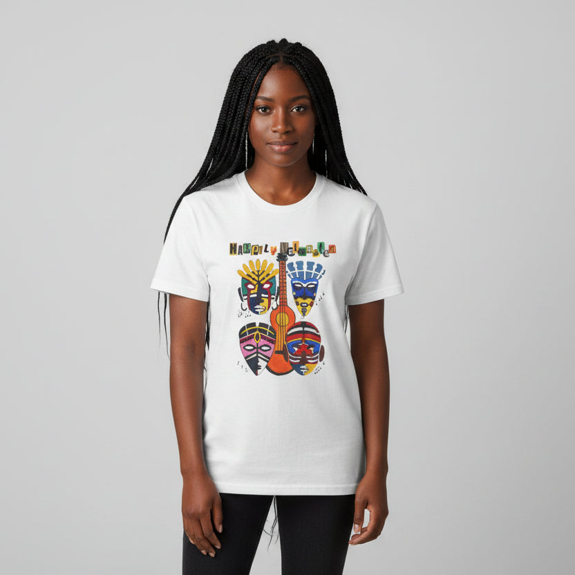 Guitar Art Tribal Masks Unisex Tee, Music Lover Graphic Shirt, Unique Handcrafted Tee