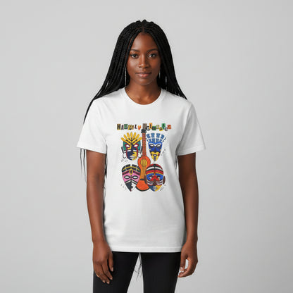 Guitar Art Tribal Masks Unisex Tee, Music Lover Graphic Shirt, Unique Handcrafted Tee